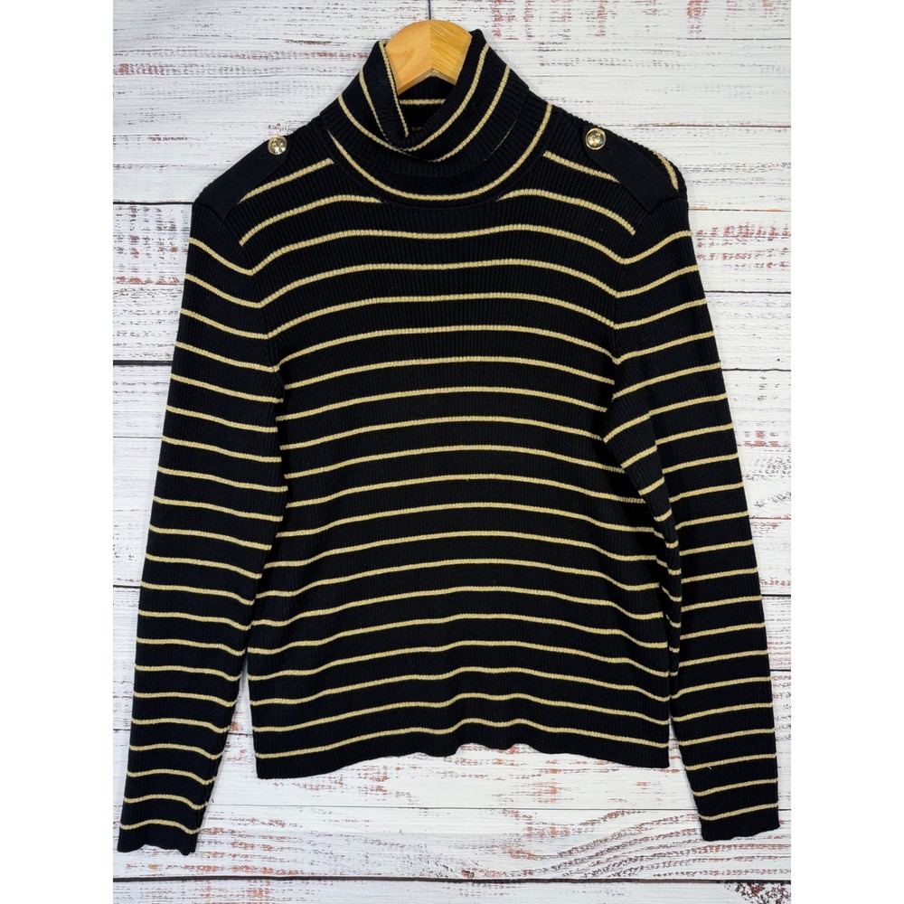 Lauren Ralph Lauren Sweater Women P Large Black Gold Striped Metallic Turtleneck